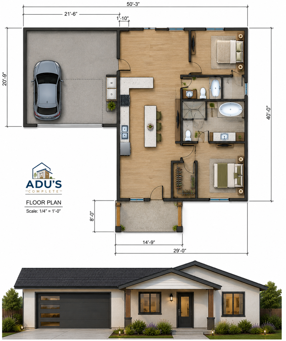 1160 SF- 2 Bedroom, 2 Bathroom w/ Garage