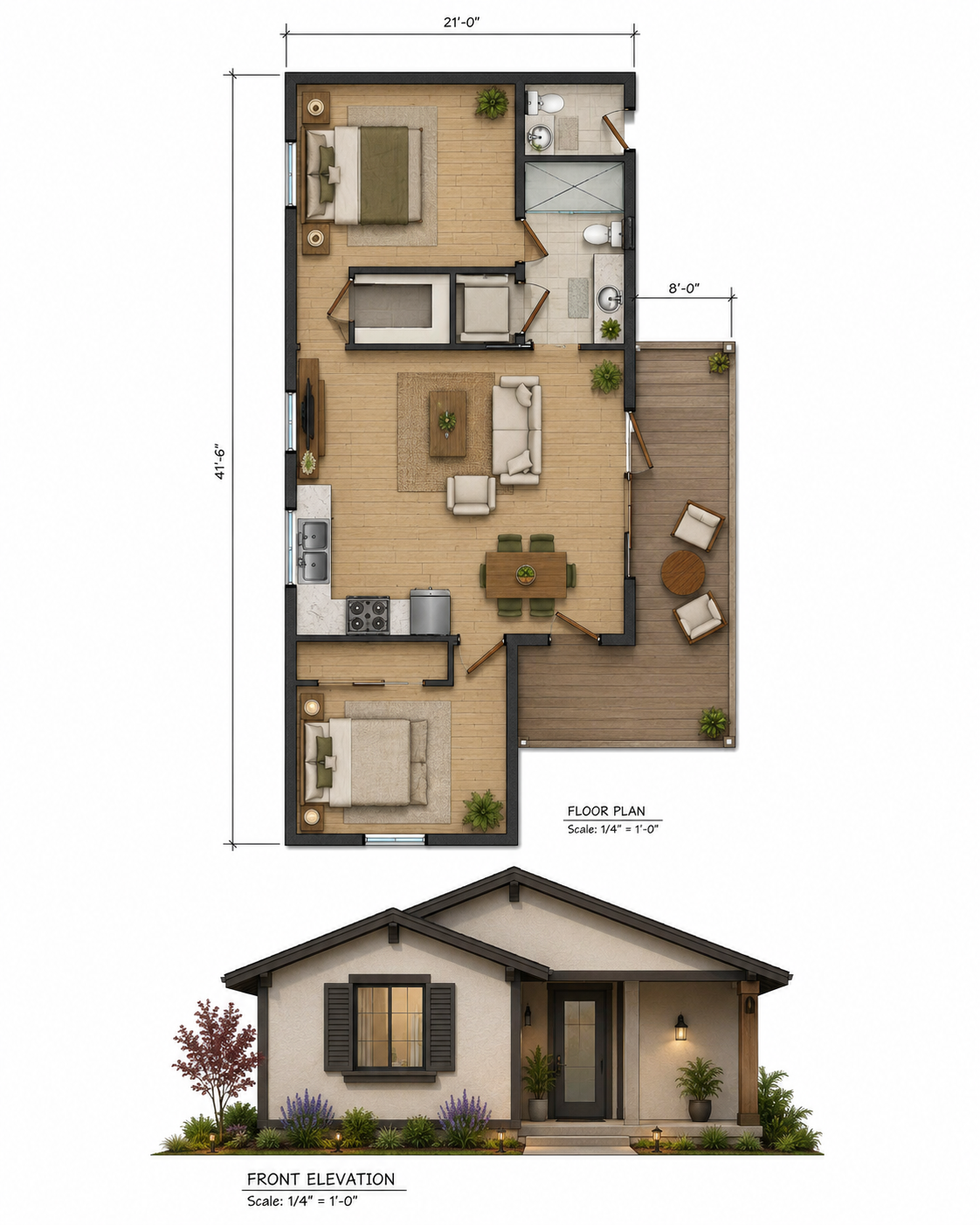 906 SF 2 Bedroom, 1.5 Bath Plan