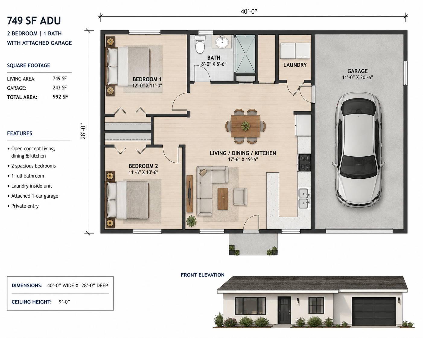 2 Bedroom 1 Bath 749 sf- Plan 1