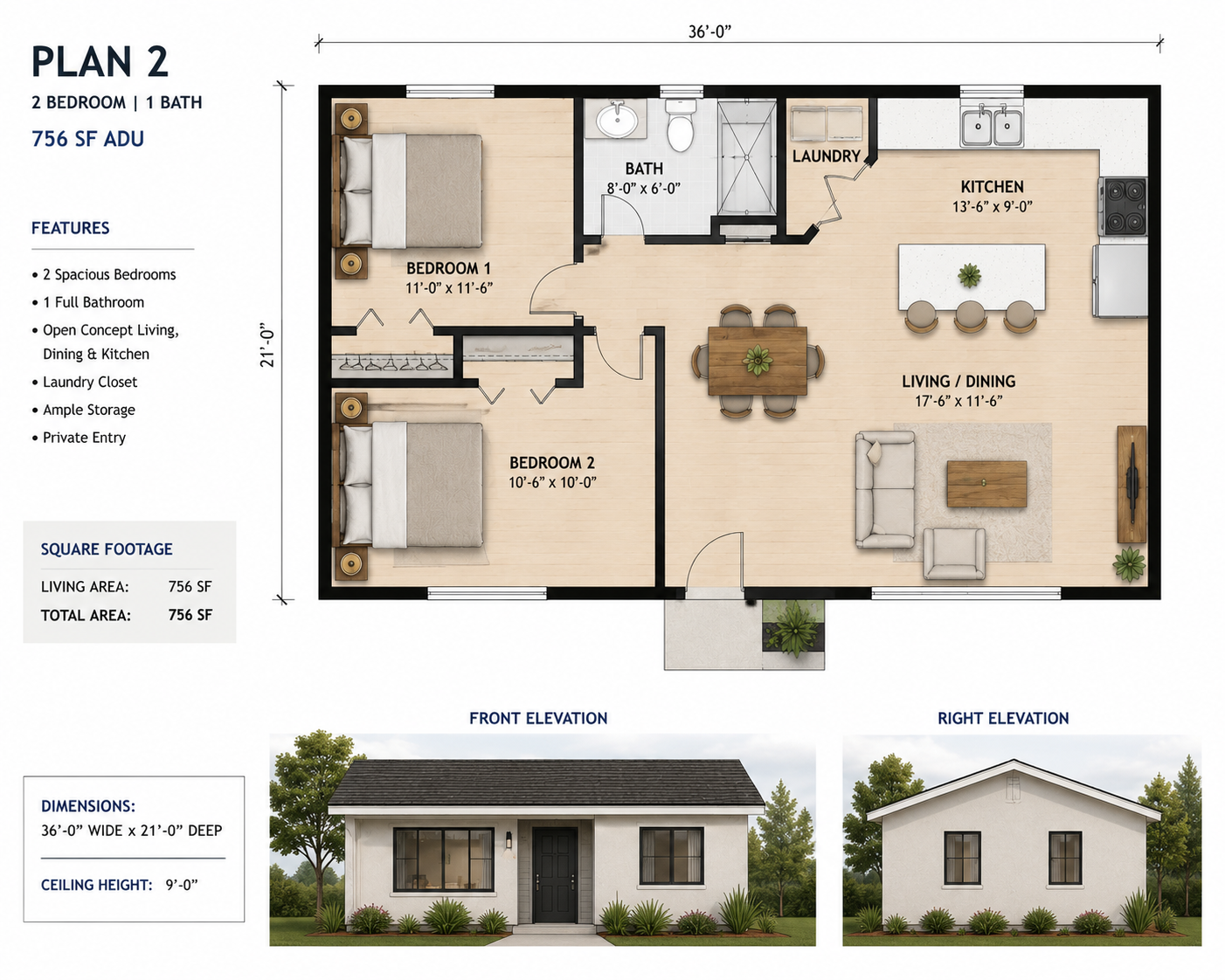 2 Bedroom 1 Bath 756 sf- Plan 2