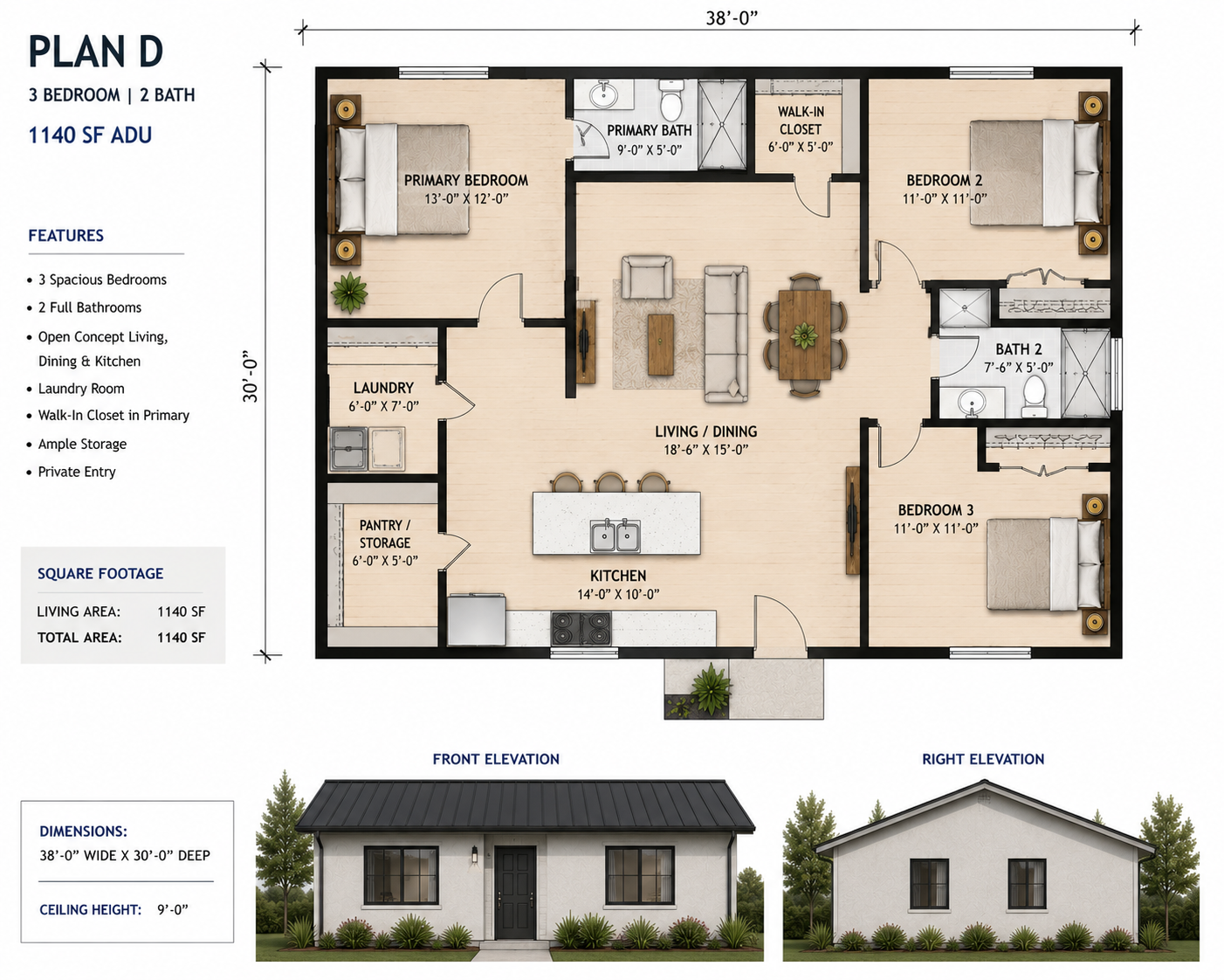 3 Bedroom 2 Bath 1140 sf- Plan 12