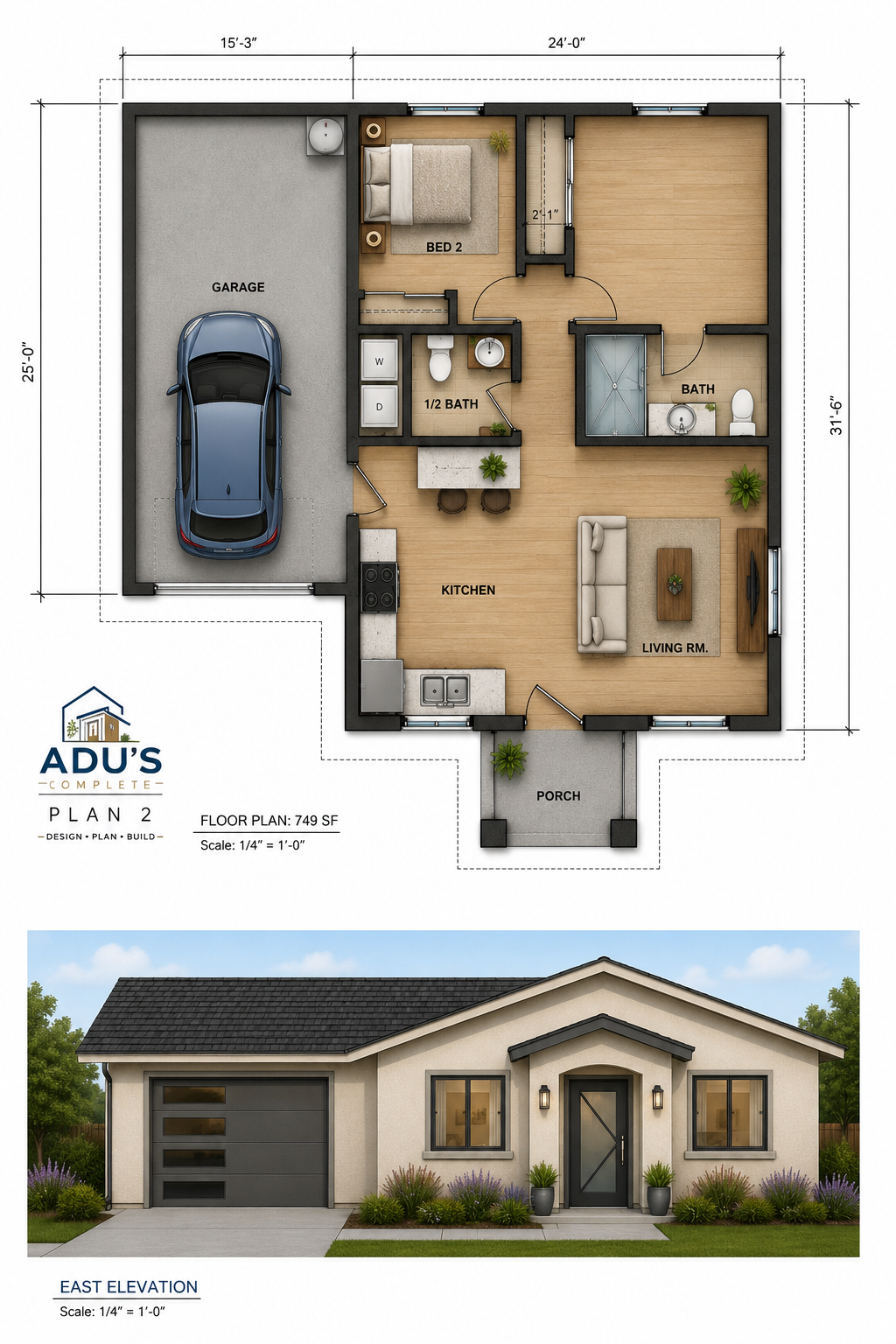 2 Bedroom, 1.5 Bath w/ Garage- 749 SF- Design Plans ONLY***** Starting Build price @ $199,000.00